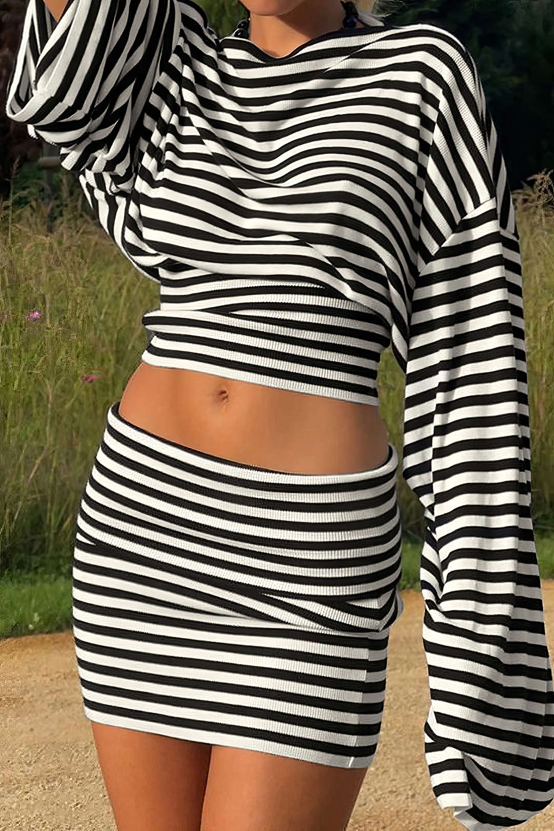 DressNovel Stripes Print Bell Long-Sleeve Top And Mini Skirt Set