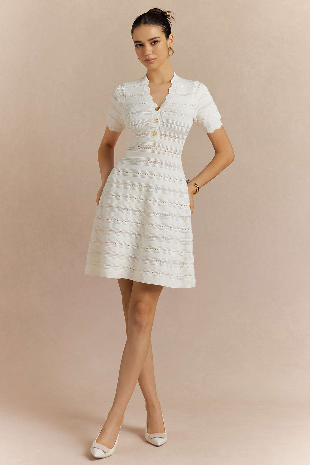 DressNovel V-Neck Cut Out Metallic Button Short Sleeve Mini Dress