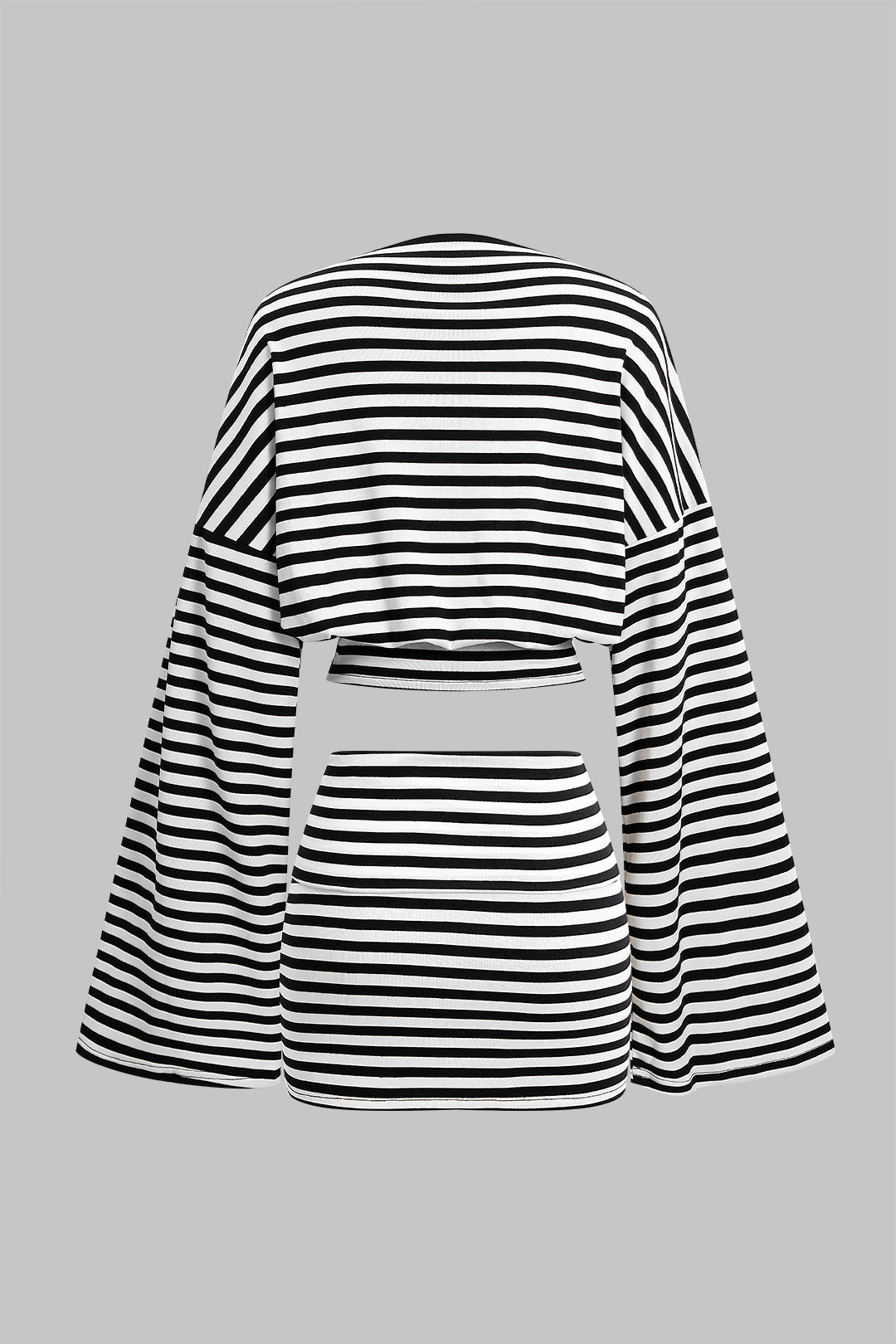 DressNovel Stripes Print Bell Long-Sleeve Top And Mini Skirt Set