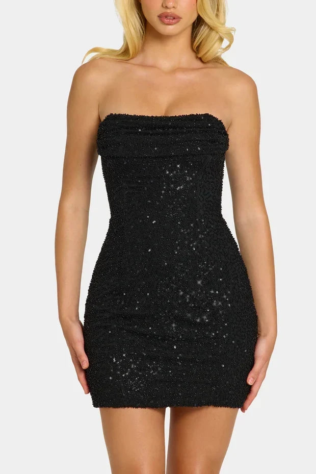 DressNovel Strapless Cowl Neck Mini Dress in Black