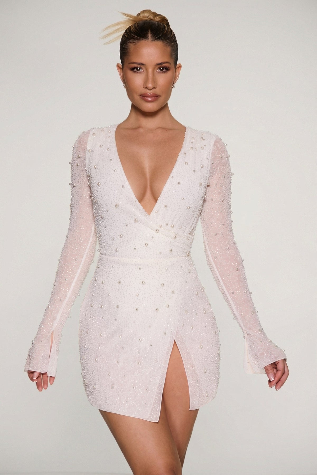 DressNovel Wrap Over A-Line Mini Dress in Ivory