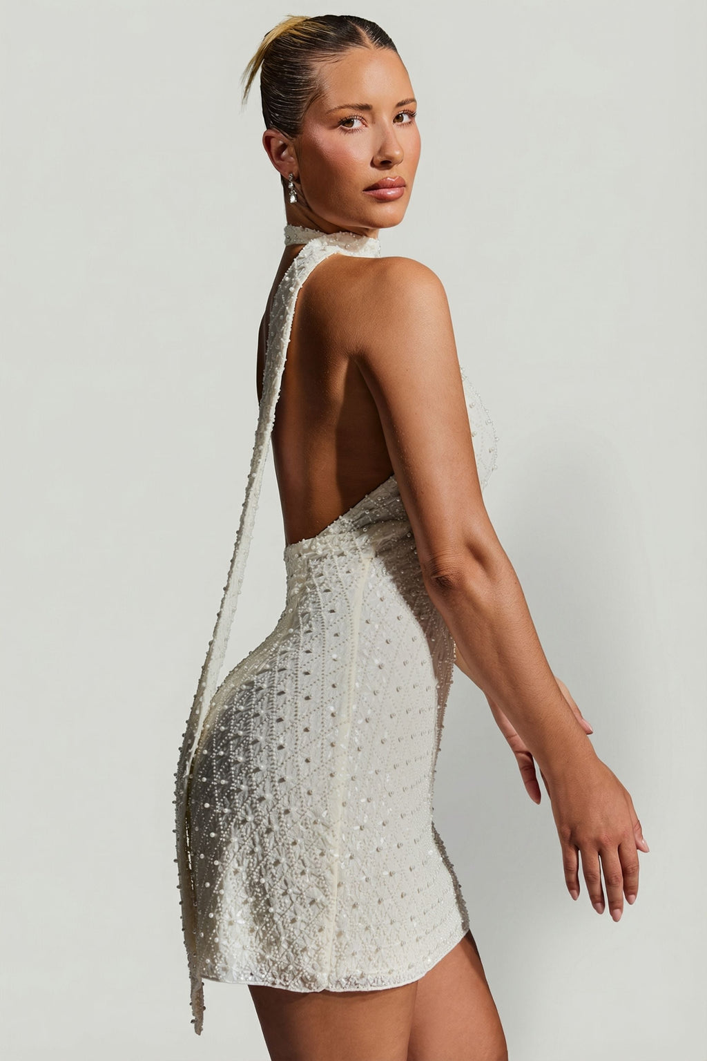DressNovel Scarf-Detail Halterneck Mini Dress in White